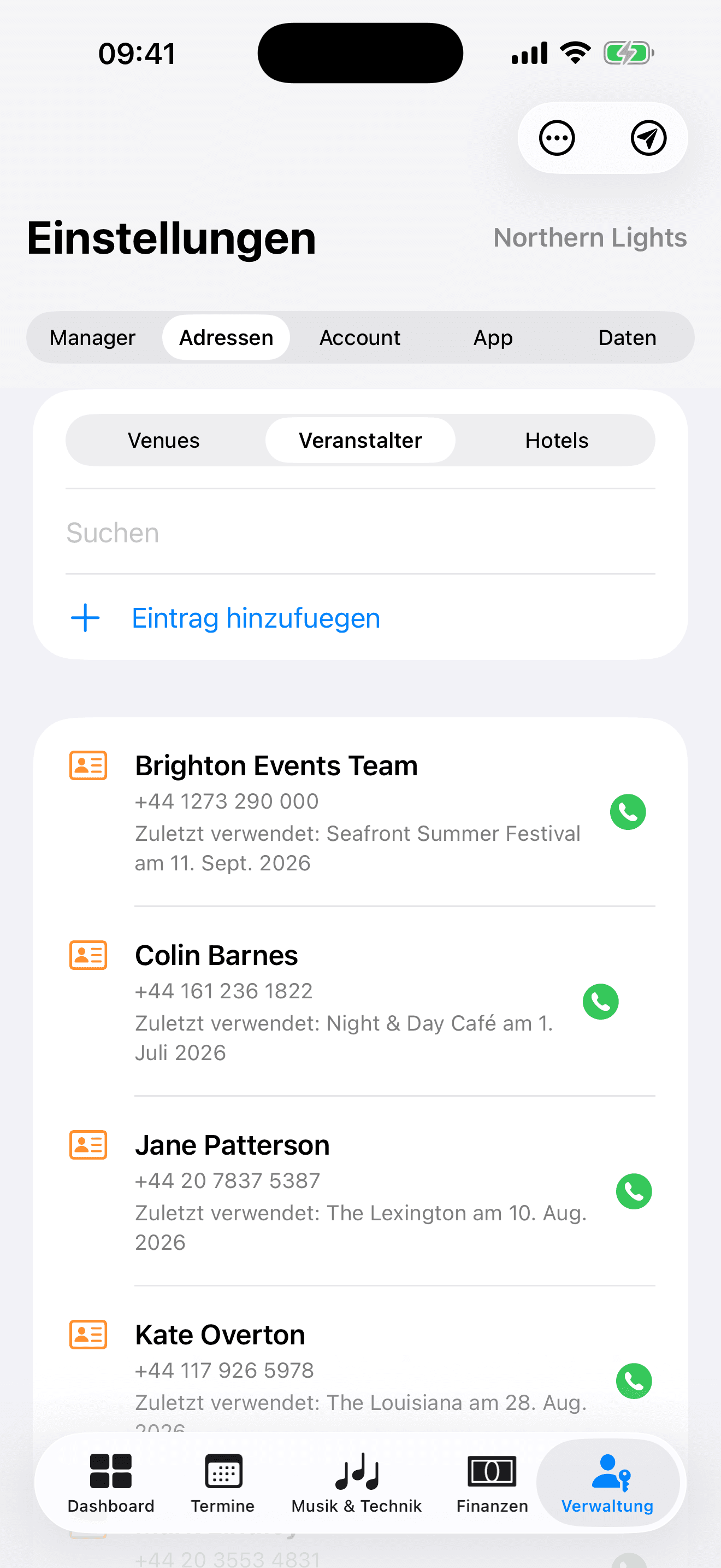 Band-Adressbuch mit Venues, Veranstaltern & Hotels