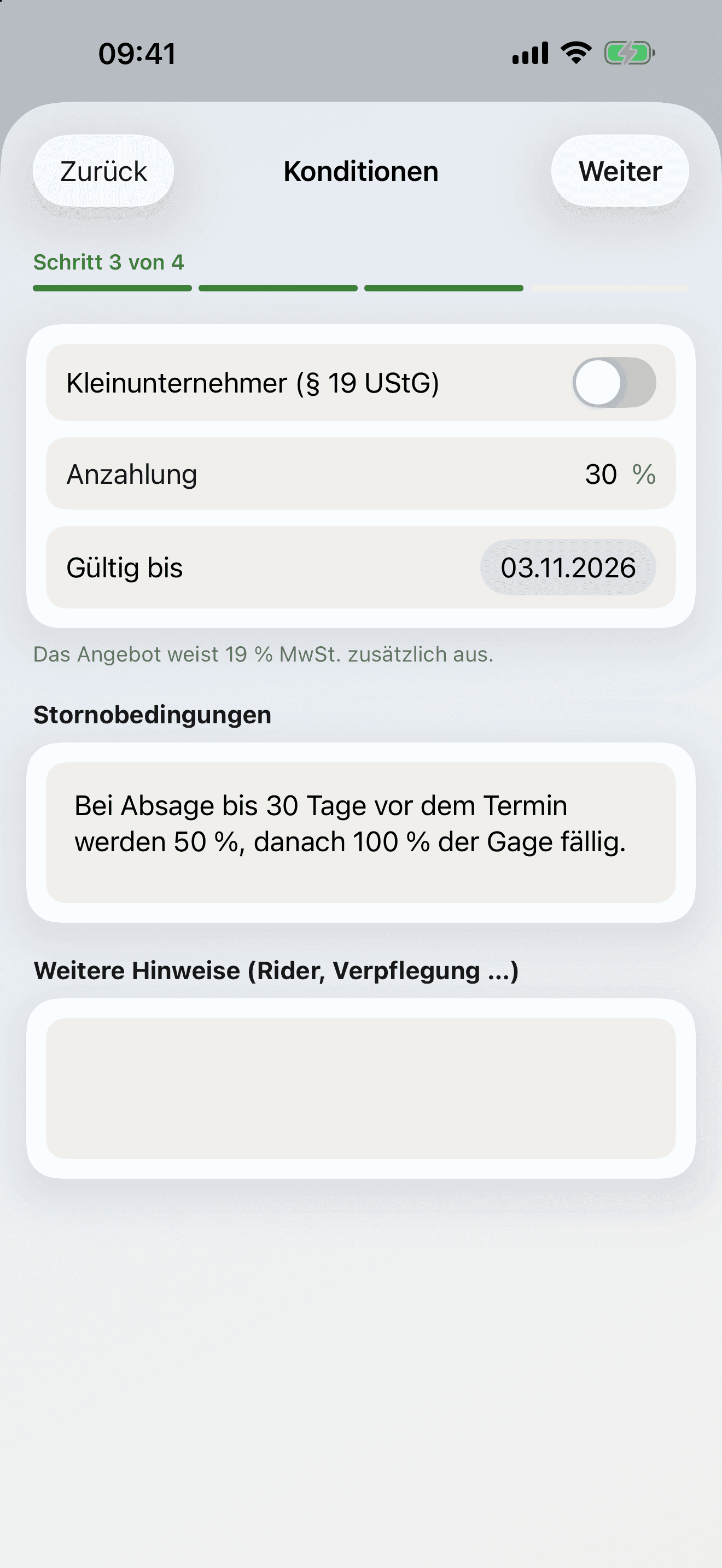 Angebot, Schritt 3: Konditionen