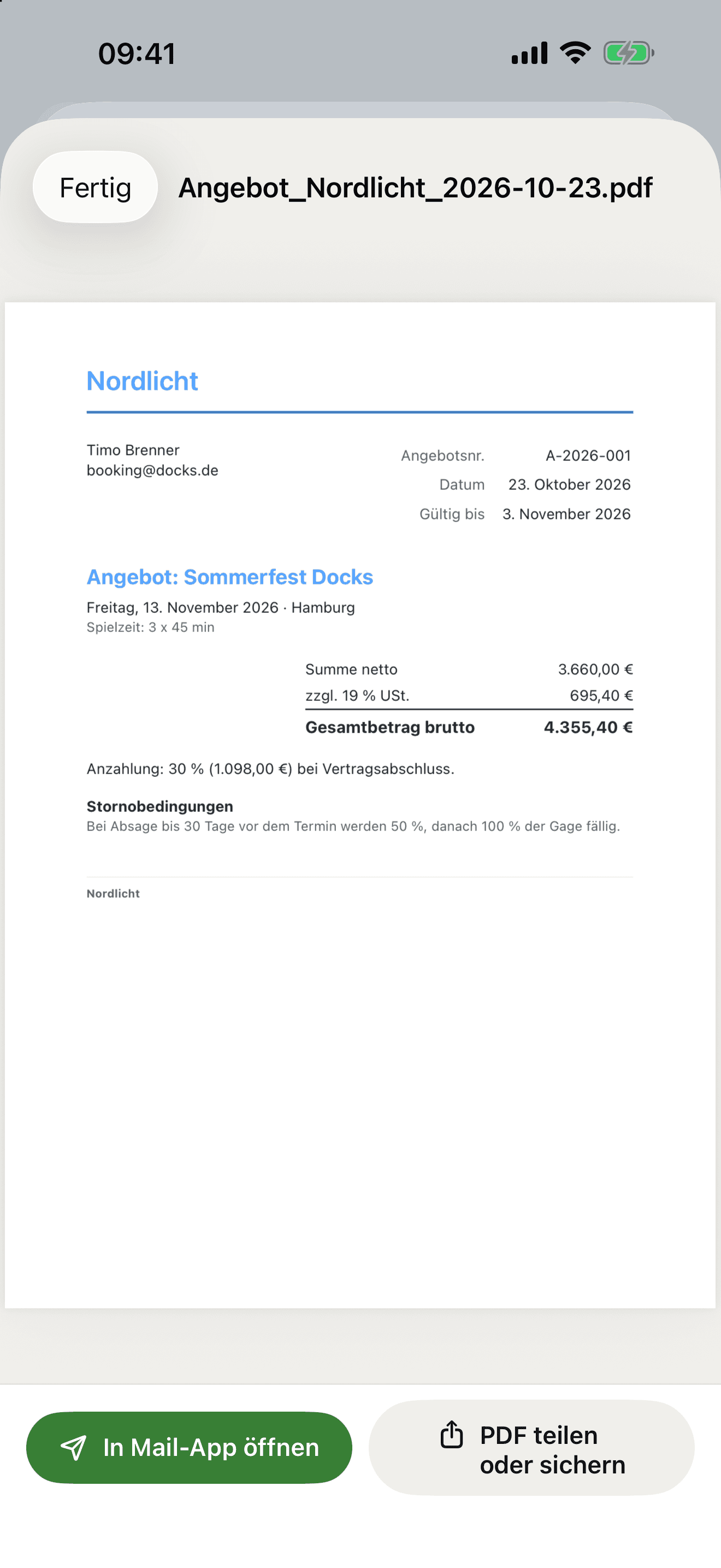 Angebot, Schritt 4: PDF und Mail