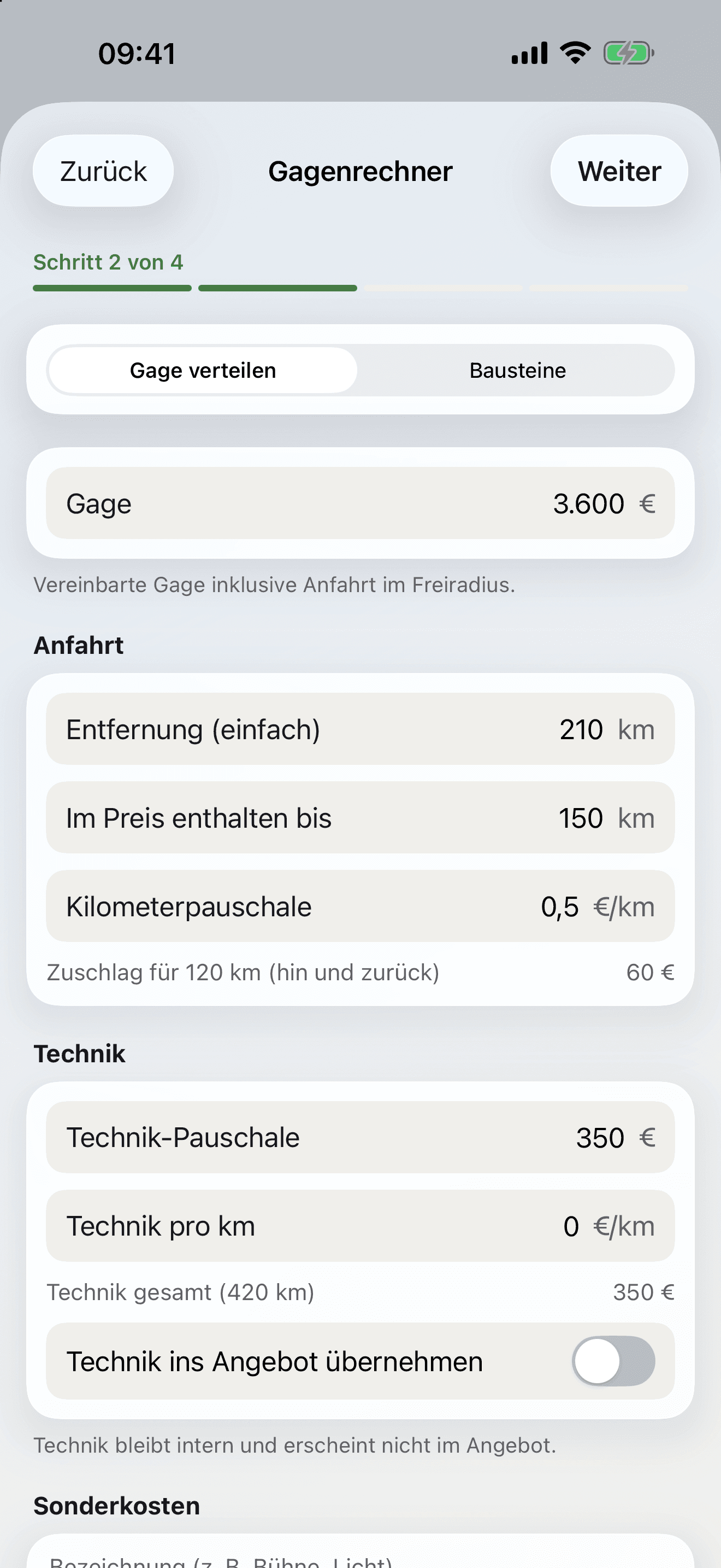 Angebot, Schritt 2: Gagenrechner
