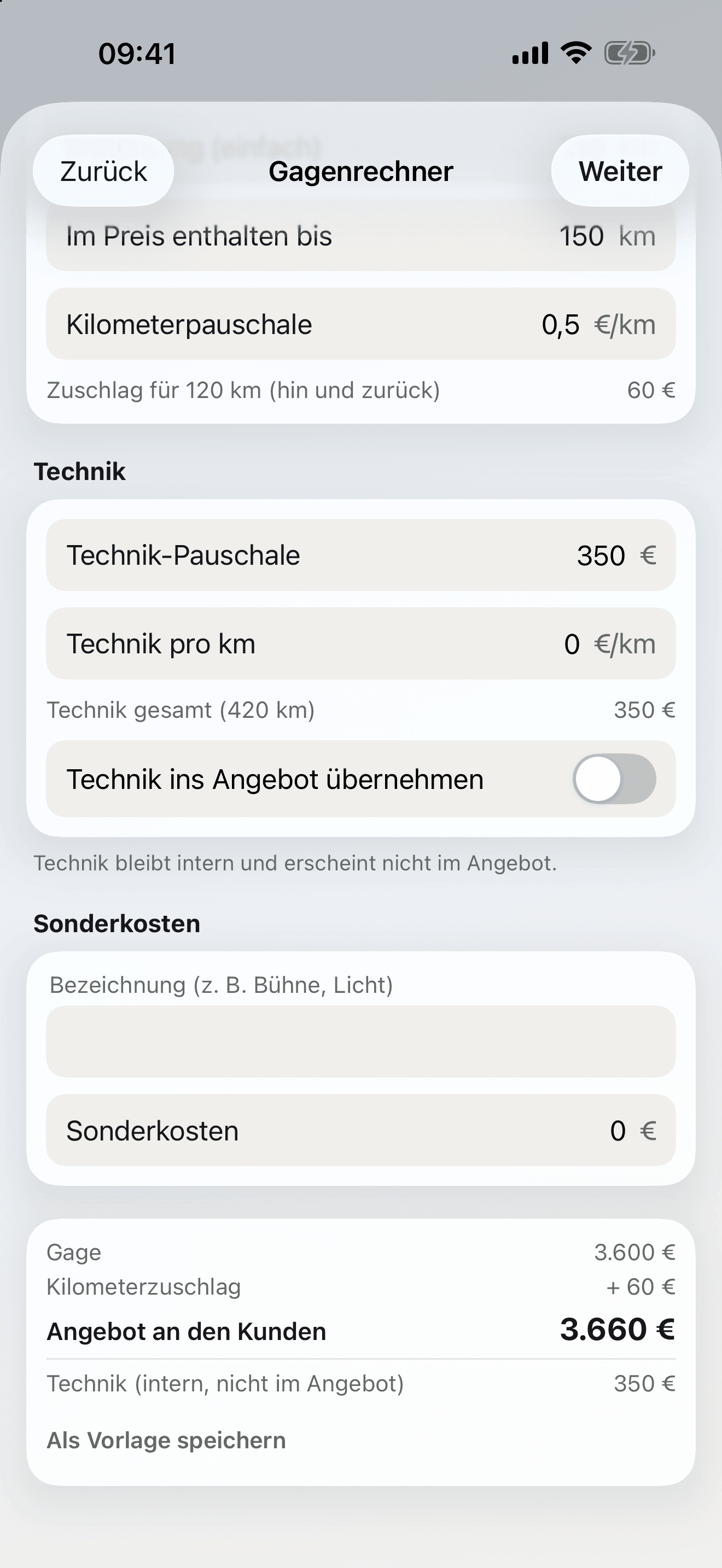 Gagenrechner mit Angebotssumme