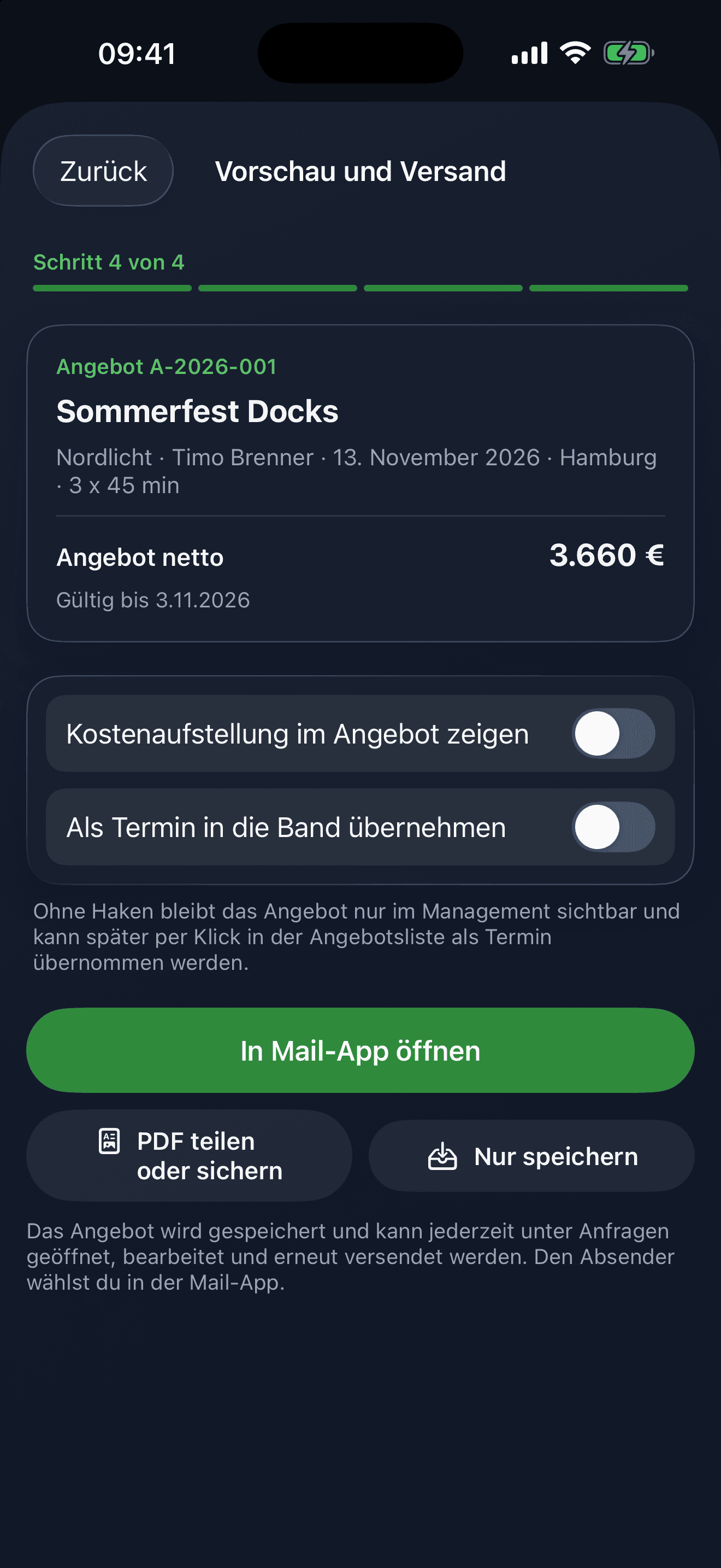 Vorschau und Versand des Angebots