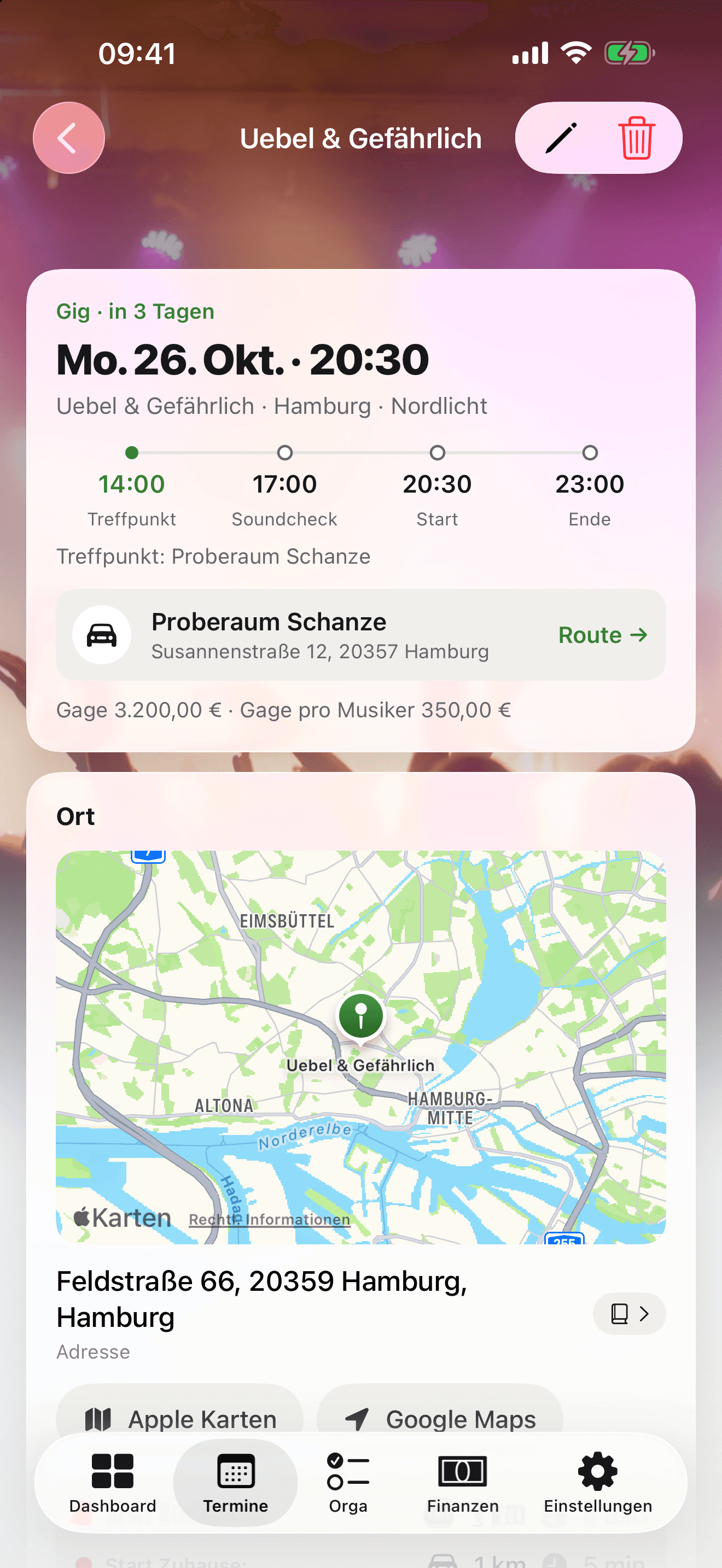 Gig-Details mit Zeitplan, Treffpunkt & Gage
