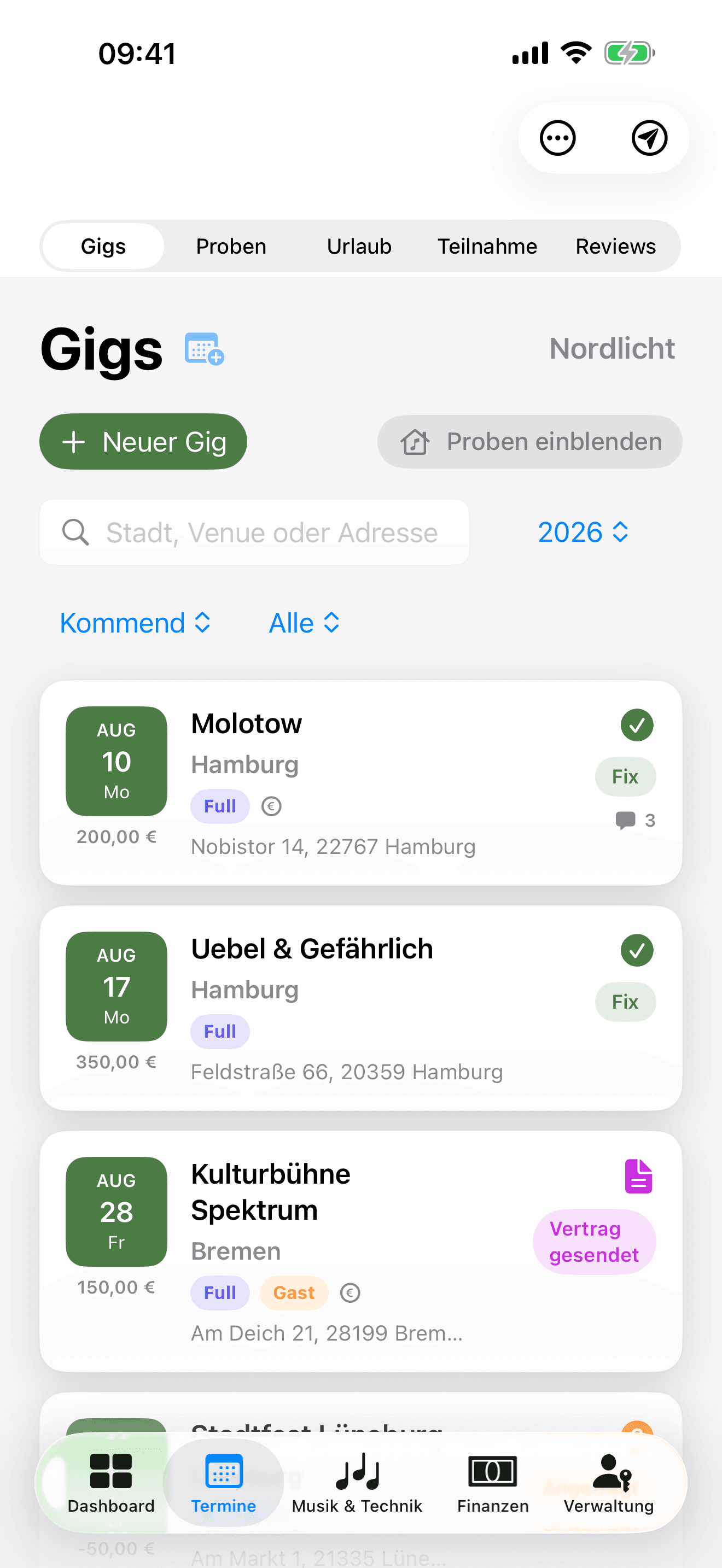 Gig-Liste mit Gage, Location & Teilnahme-Status