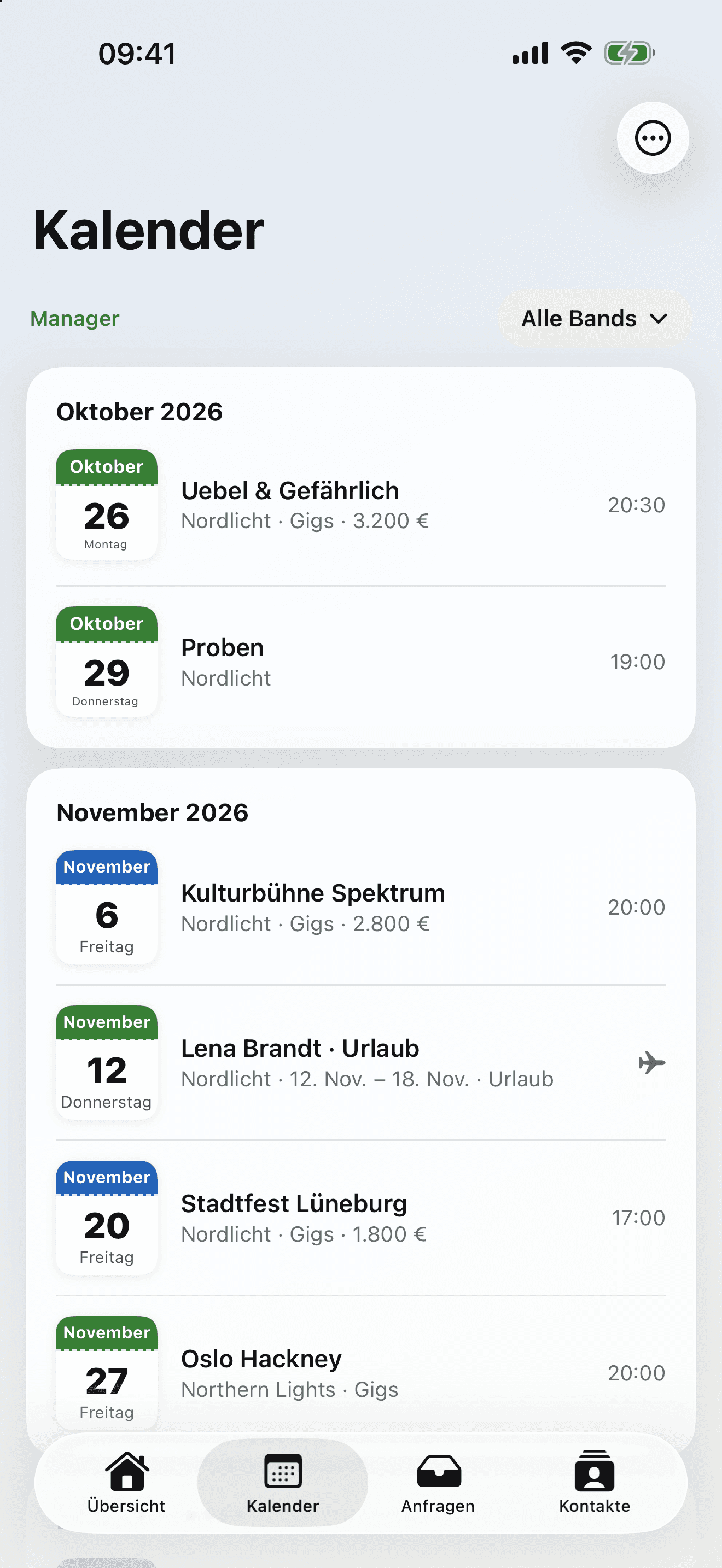 Termine aller Bands, nach Monaten gruppiert