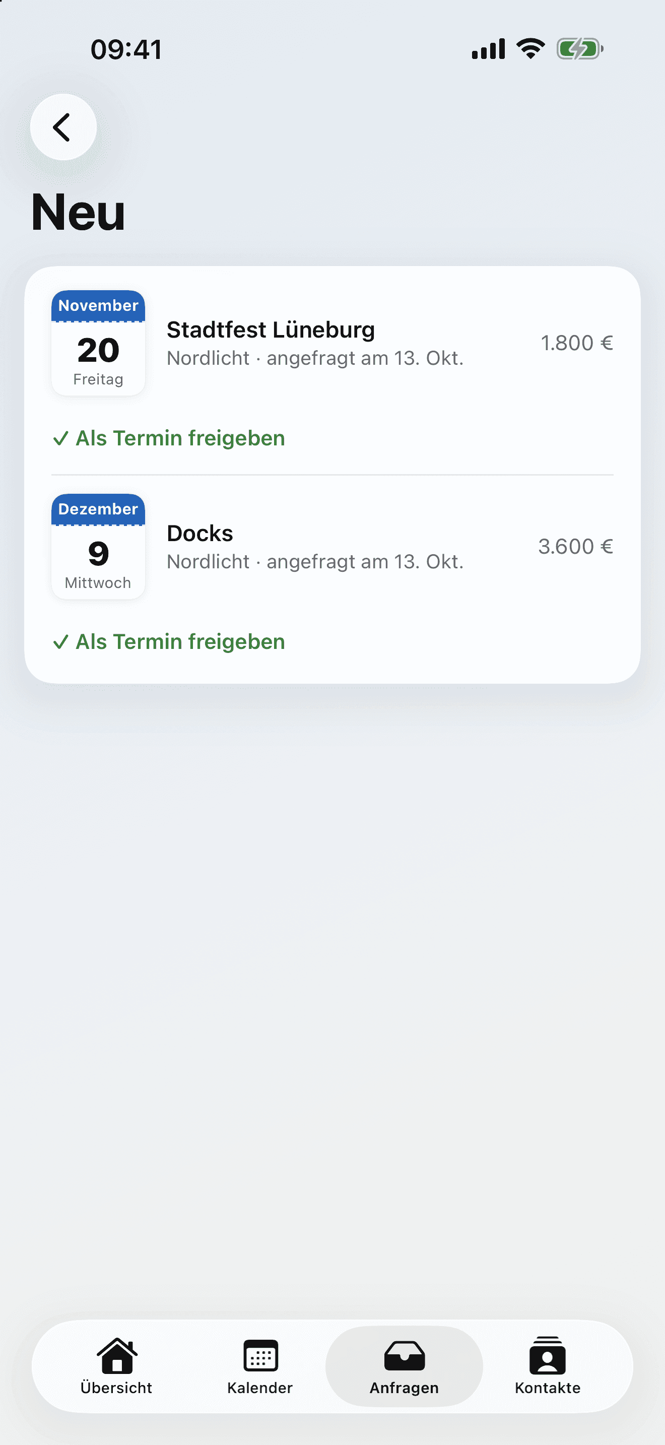 Neue Anfragen direkt als Termin freigeben