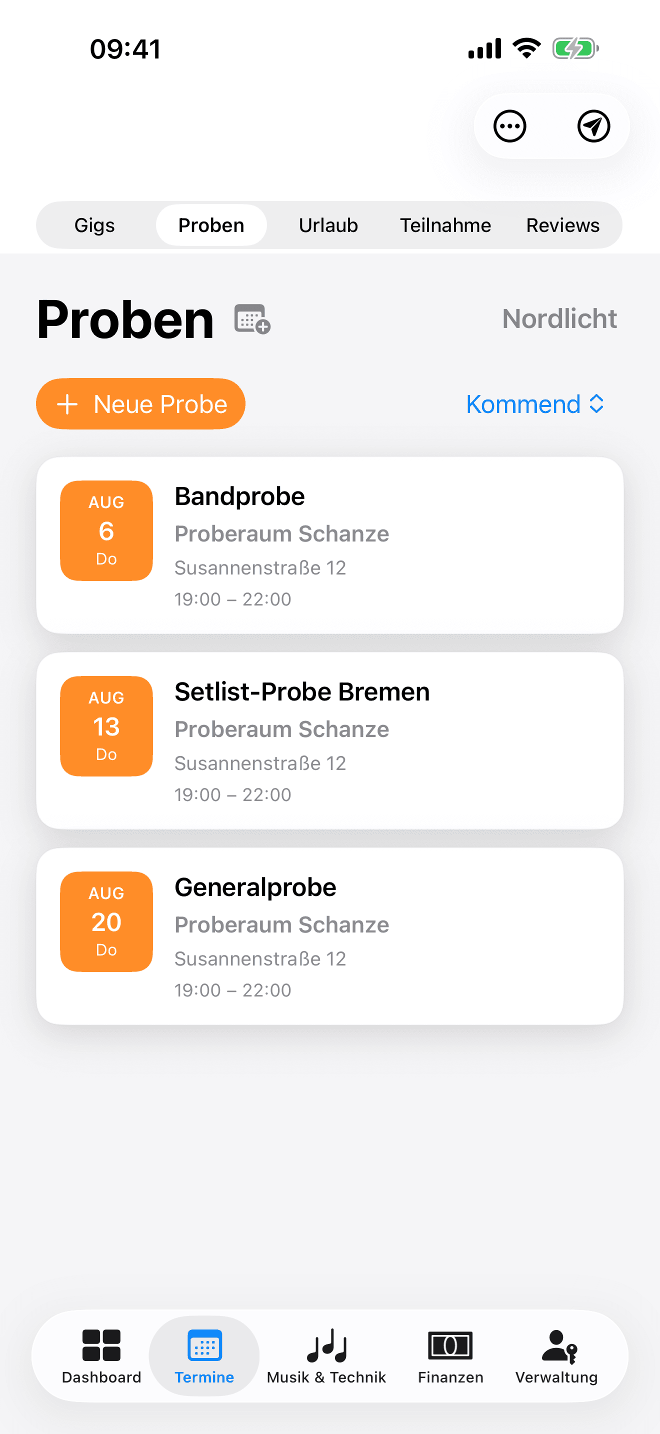 Probenkalender mit Wiederholungen & Probesongs
