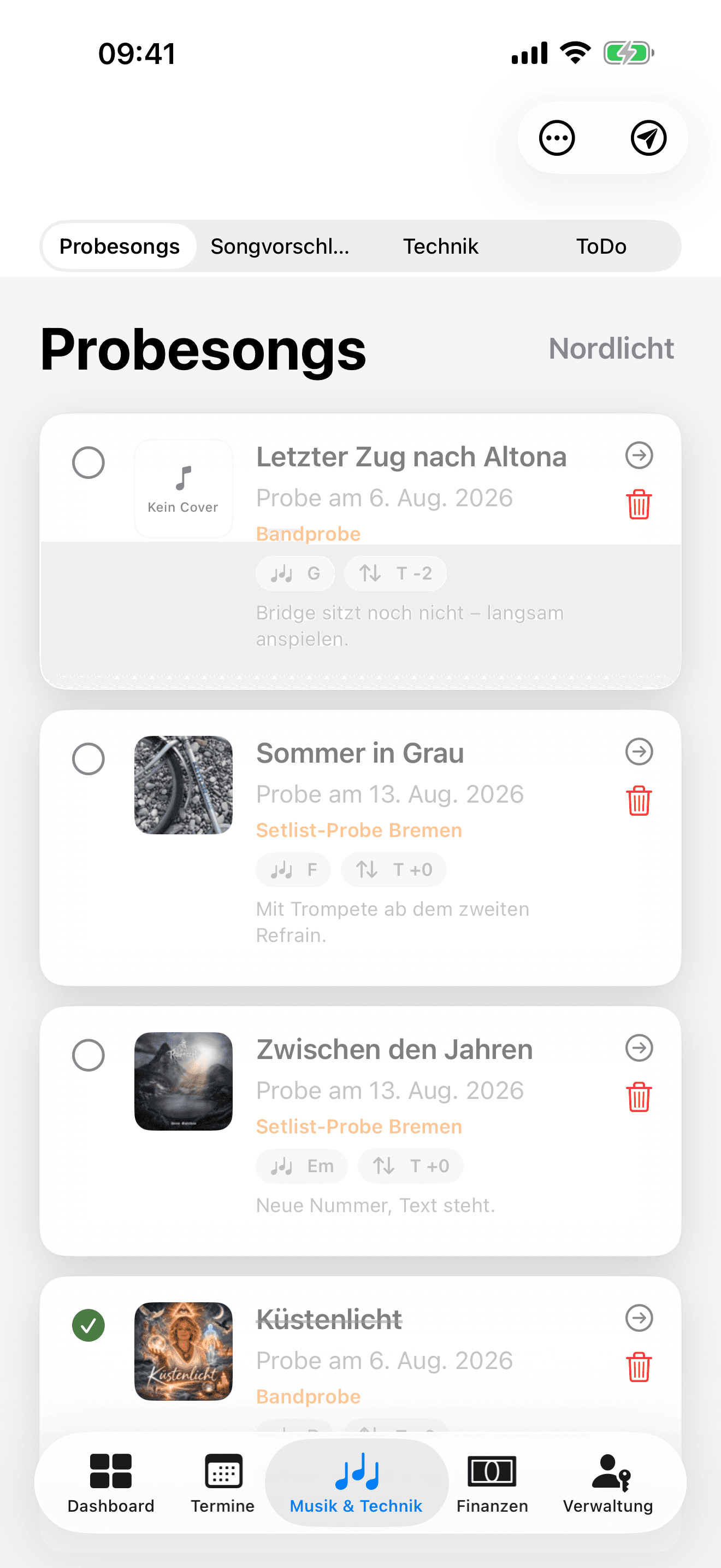 Song-Liste mit Vorschlägen & Band-Repertoire