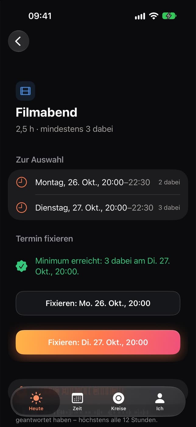 Vorschlag mit Zeiten und Zusagen