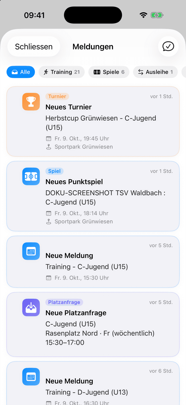 Meldungen zu Turnieren, Spielen und Platzanfragen