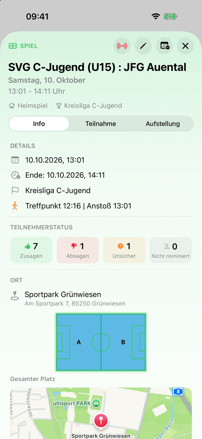 Spiel mit Treffpunkt, Teilnahme und Karte