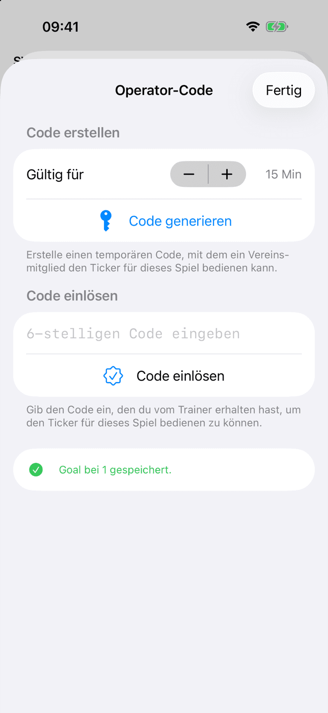 Ticker-Code für Helfer, gültig für 15 Minuten