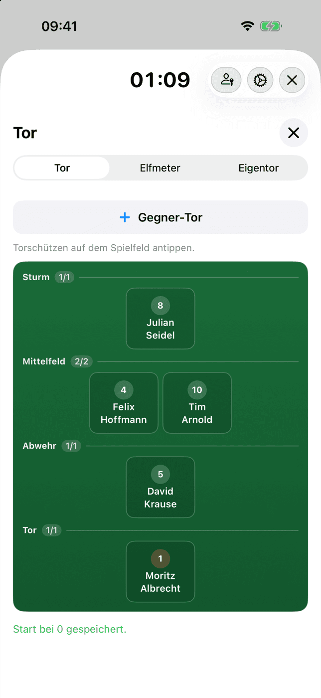 Tor erfassen: Schütze direkt aus der Aufstellung