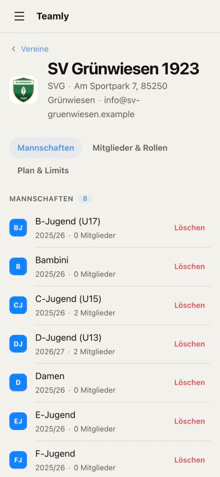 Verein und Mannschaften verwalten
