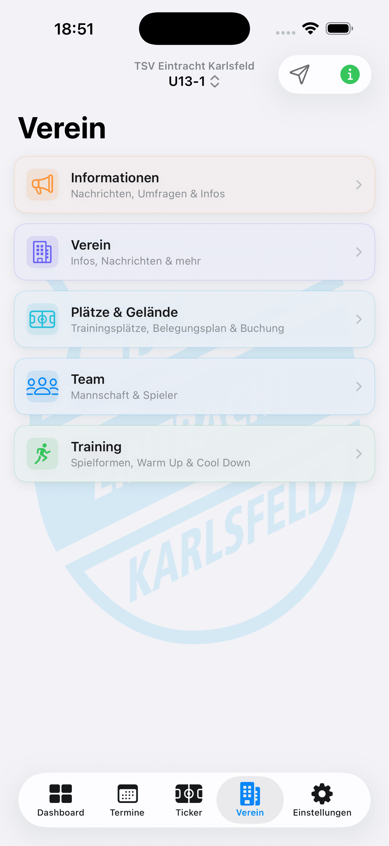 Verein-Bereich im hellen Design