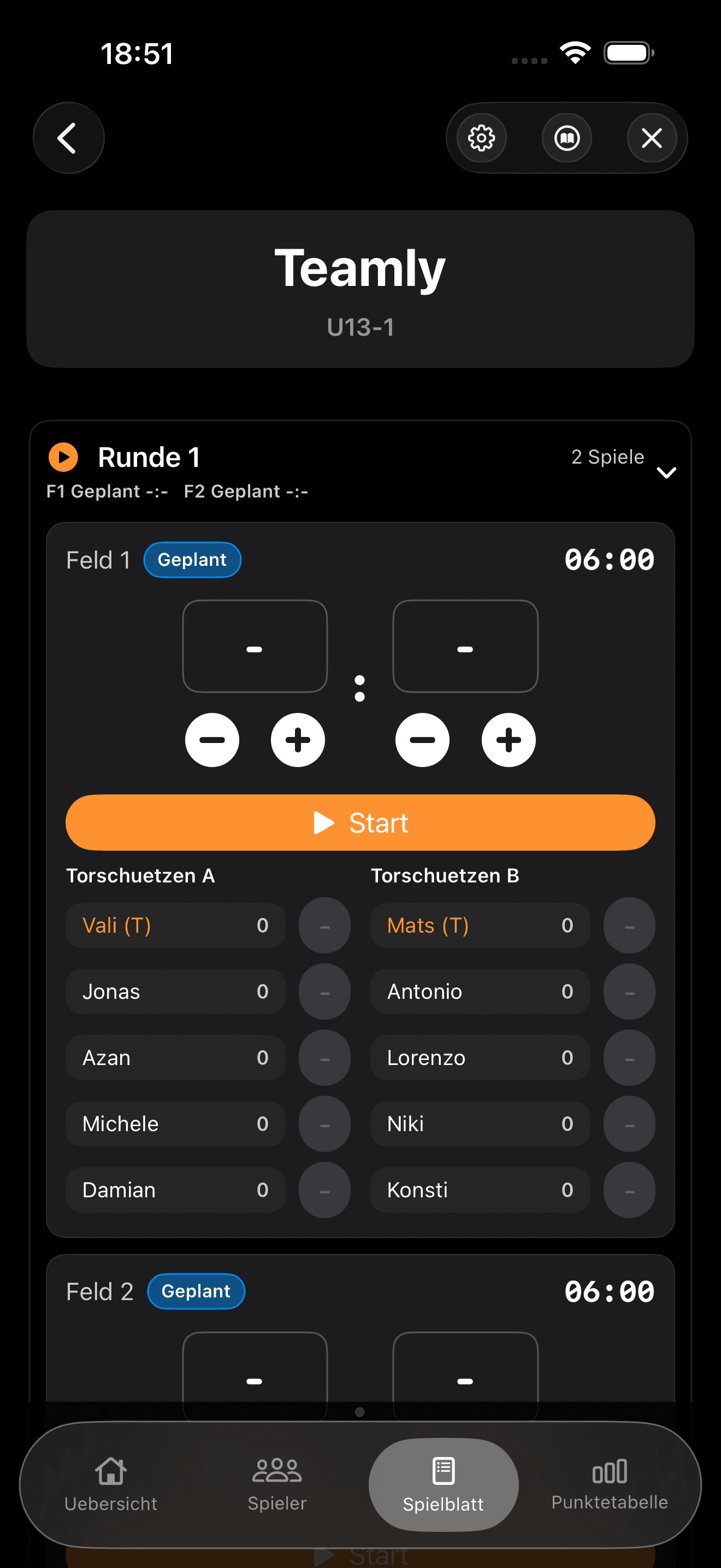 Live-Spielblatt mit Ergebnis & Torschützen