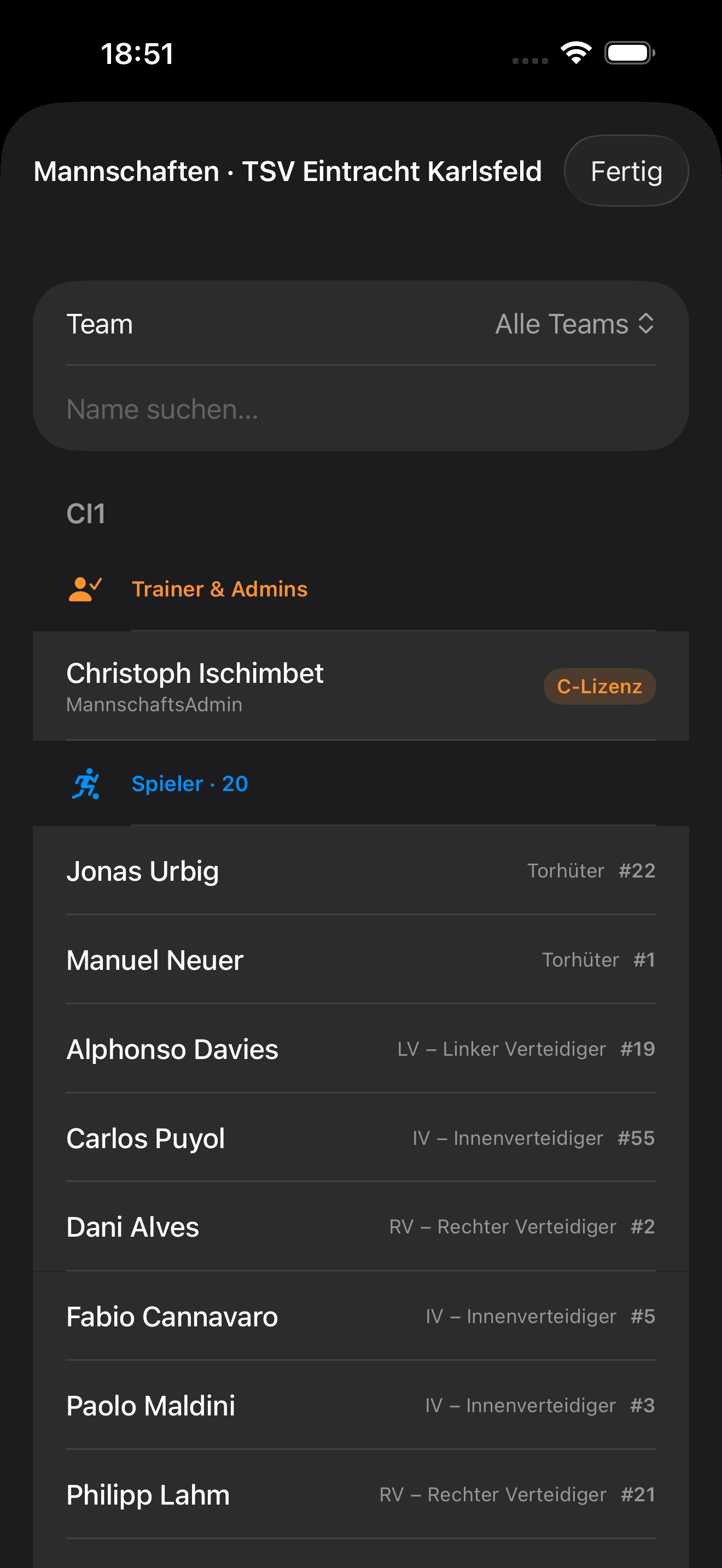 Spielersuche mit Position & Rückennummer