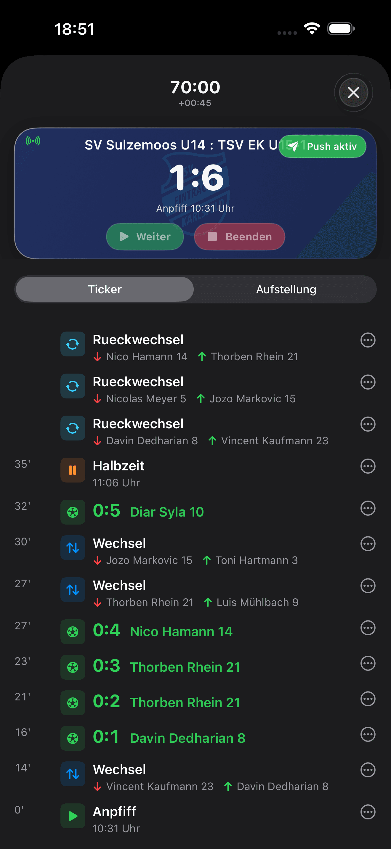 Aufstellung & Ticker in einer Ansicht