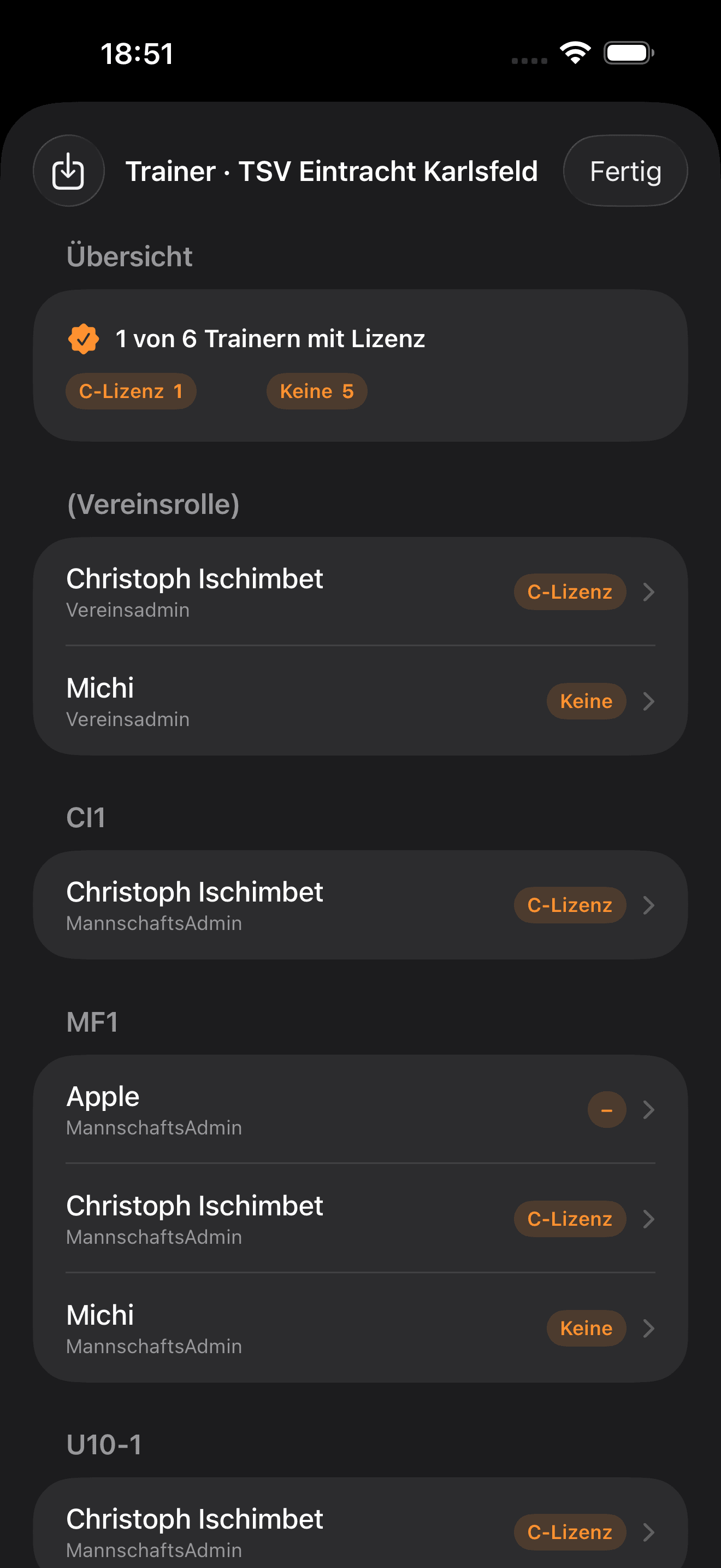 Trainer & Rollen mit Lizenz-Übersicht
